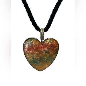 Art glass and copper large heart necklace on velvet rope w clasp